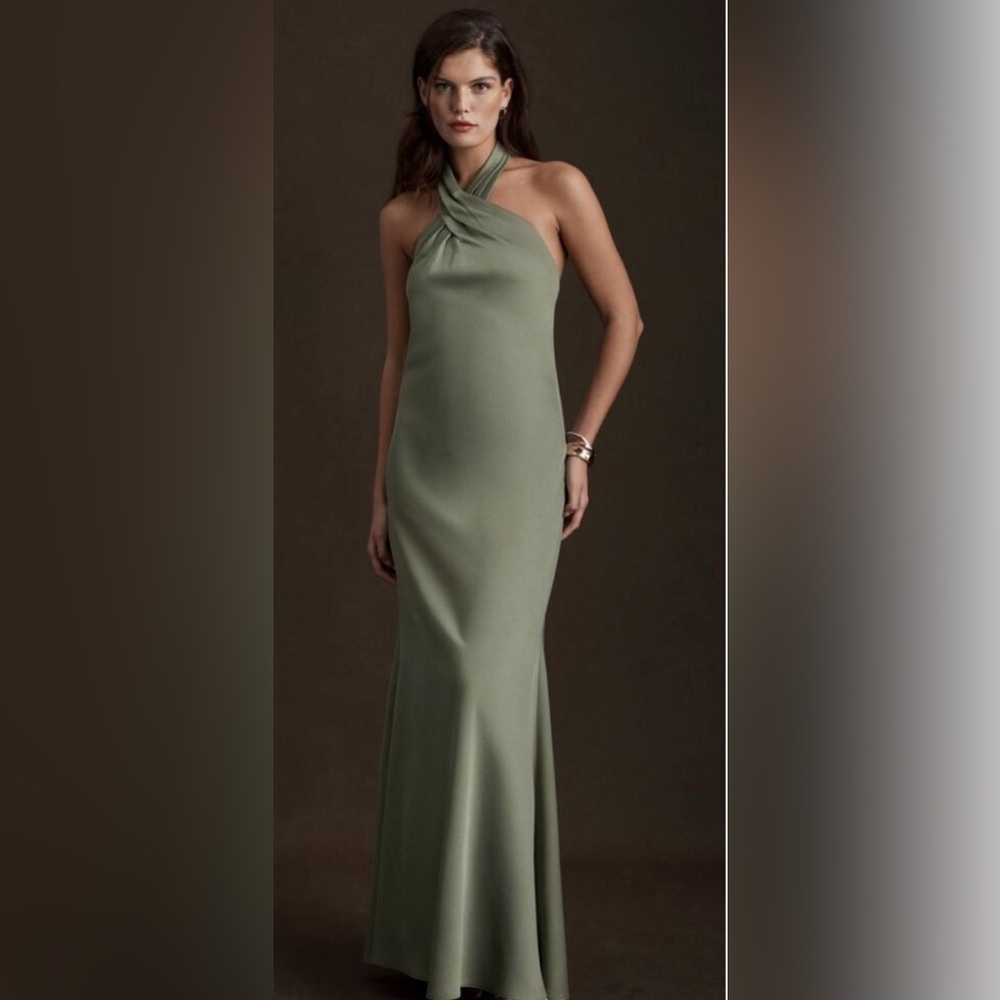 BHLDN Anthropology Ruby Twist Halter Satin Gown Moss Green